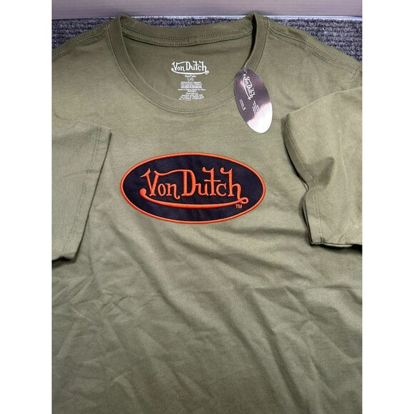 Von Dutch Olive Green T-Shirt M Logo Embroidery Front Print Back Casual Wear Dur - Picture 1 of 5